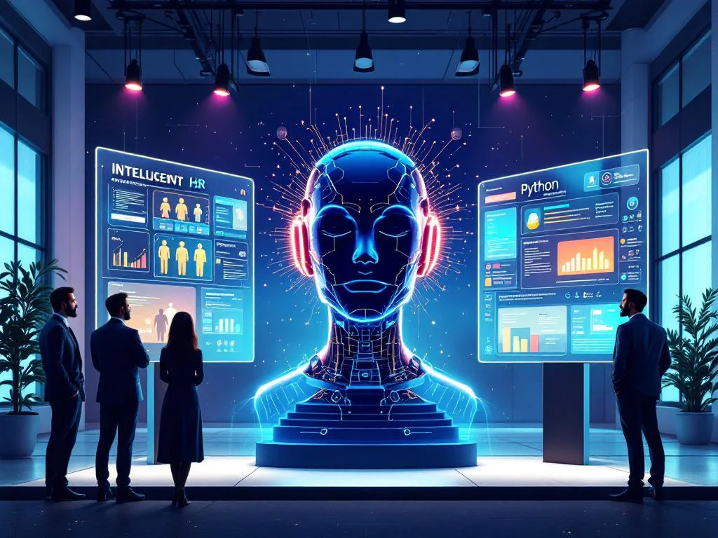 Иллюстрация AI чат-бота, демонстрирующего бизнес-решения на Python для ритейла и HR. На цифровых экранах показаны примеры автоматизации клиентского сервиса и онбординга сотрудников.