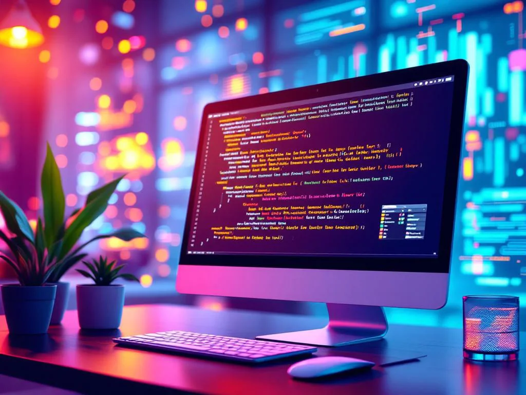 Разработка веб-приложения на Python для бизнеса: на экране компьютера показан программный код и элементы пользовательского интерфейса на фоне абстрактных потоков данных.