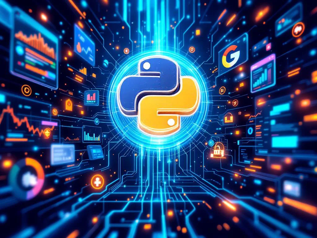 Иллюстрация автоматизации бизнес-процессов в FinTech и Retail с помощью Python и Google API. В центре — узел, символизирующий 'google-api-python-client', от которого исходят потоки данных к финансовым графикам и интерфейсам интернет-магазинов.
