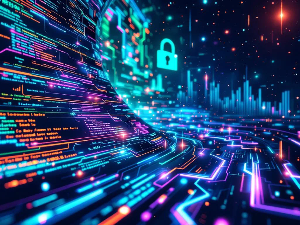 Концептуальная иллюстрация масштабируемого и надежного Python-сервера для финтеха, изображающая безопасные потоки данных, проходящие через светящуюся цифровую архитектуру.