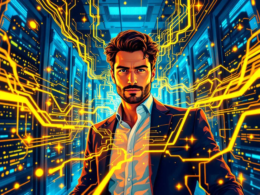 Визуализация аутсорсинга Python-разработки: светящиеся строки кода интегрируются в IT-инфраструктуру крупного бизнеса, символизируя эффективность, инновации и рост.
