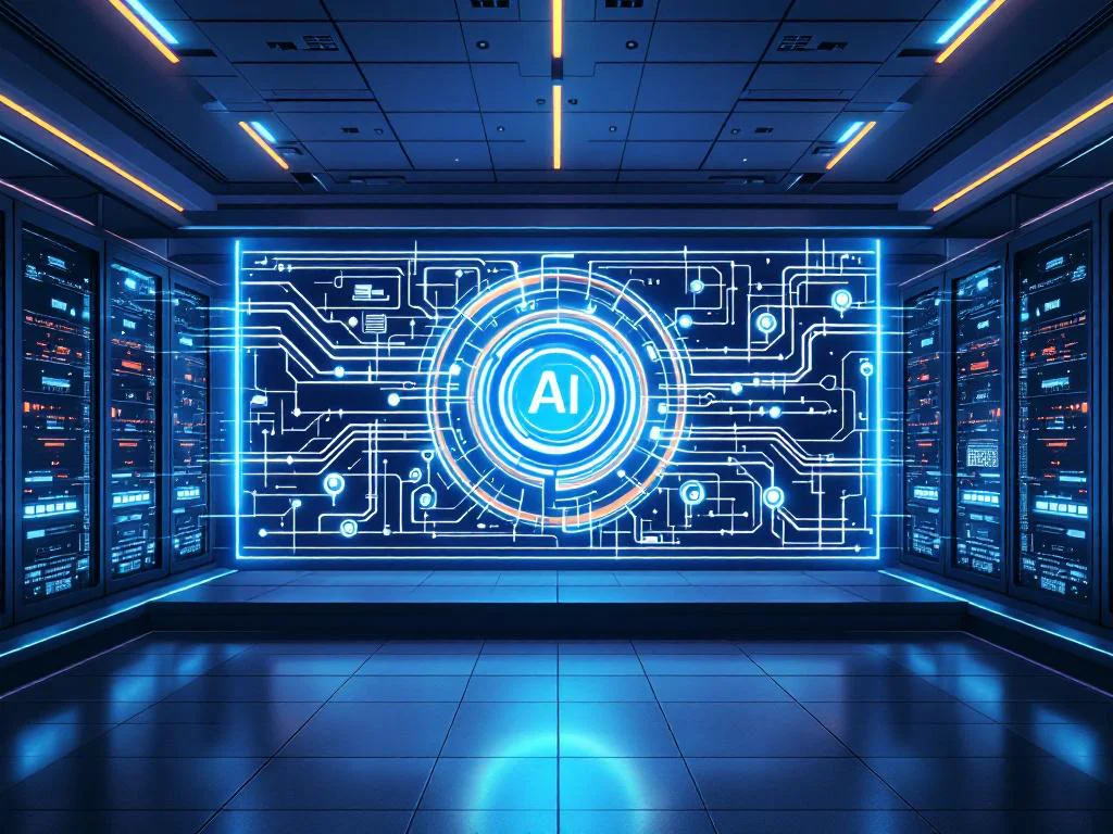 Футуристическая голограмма архитектуры enterprise-решения, демонстрирующая интеграцию Python и OpenAI API в корпоративной IT-инфраструктуре.