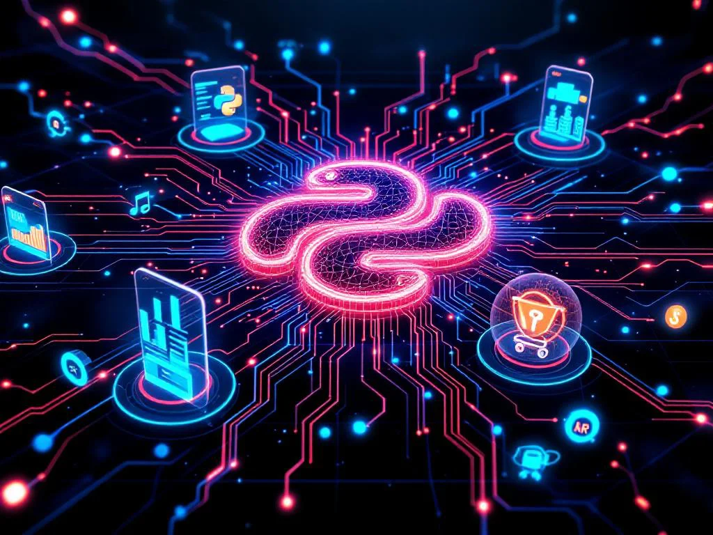 Концептуальное изображение интеграции AI и Python в корпоративные системы: светящаяся нейросеть и логотип Python соединены потоками данных с интерфейсами для финтеха, ритейла и HR.