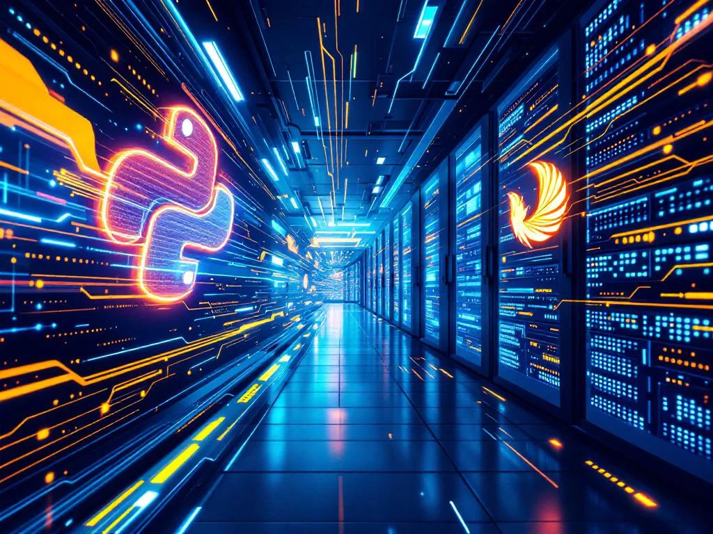 Иллюстрация интеграции Python и Firebird: потоки данных соединяют логотип Python с серверной архитектурой, символизирующей базу данных Firebird, в контексте enterprise-решения.