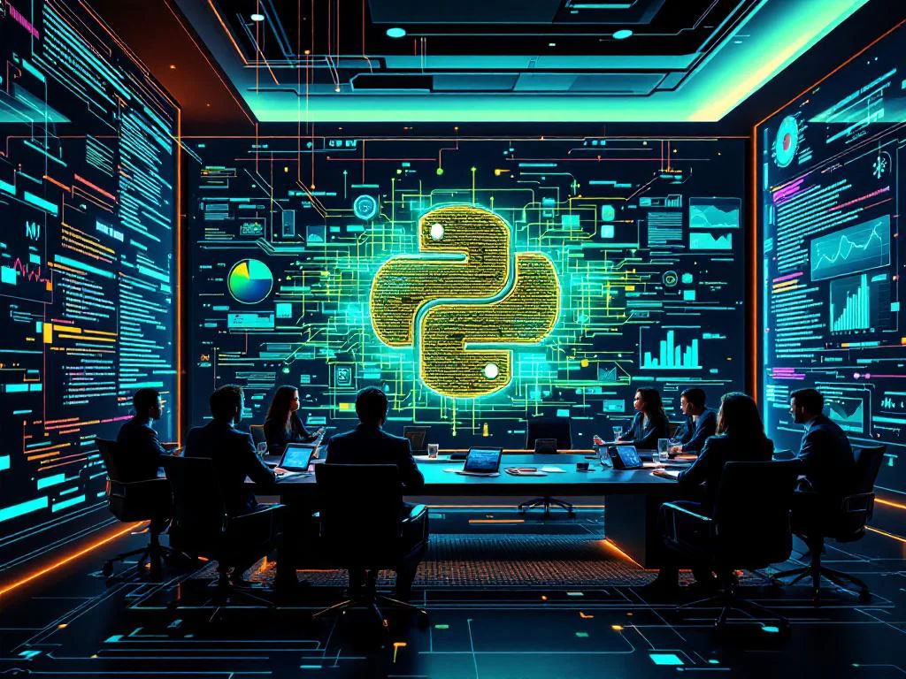 Абстрактная визуализация кода Python на фоне команды C-level руководителей, обсуждающих стратегию разработки корпоративных веб-сервисов.