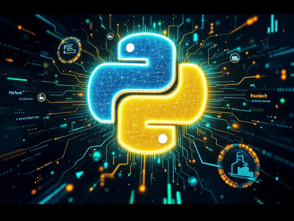 AI-генерация кода на Python для ускорения разработки в FinTech, FoodTech и Retail. Изображение с нейросетью, логотипом Python и интерфейсами для бизнеса.