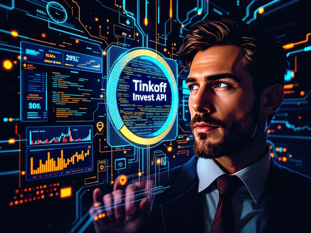 Футуристический цифровой интерфейс, демонстрирующий интеграцию Tinkoff Invest API с Python для разработки финтех-решений. На изображении видны фрагменты кода, финансовые графики и дашборды аналитической платформы.
