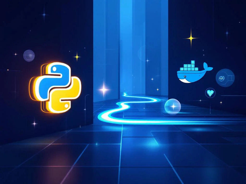Иллюстрация CI/CD-пайплайна для Python-проектов с использованием Docker, символизирующая автоматизацию DevOps-процессов.