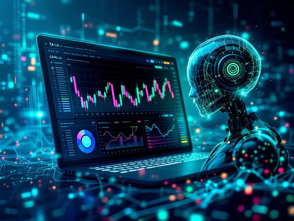 Цифровая иллюстрация разработки финтех-продукта с помощью Python и TA-Lib: интерфейс торгового терминала с графиками, индикаторами и абстрактным искусственным интеллектом, анализирующим данные.