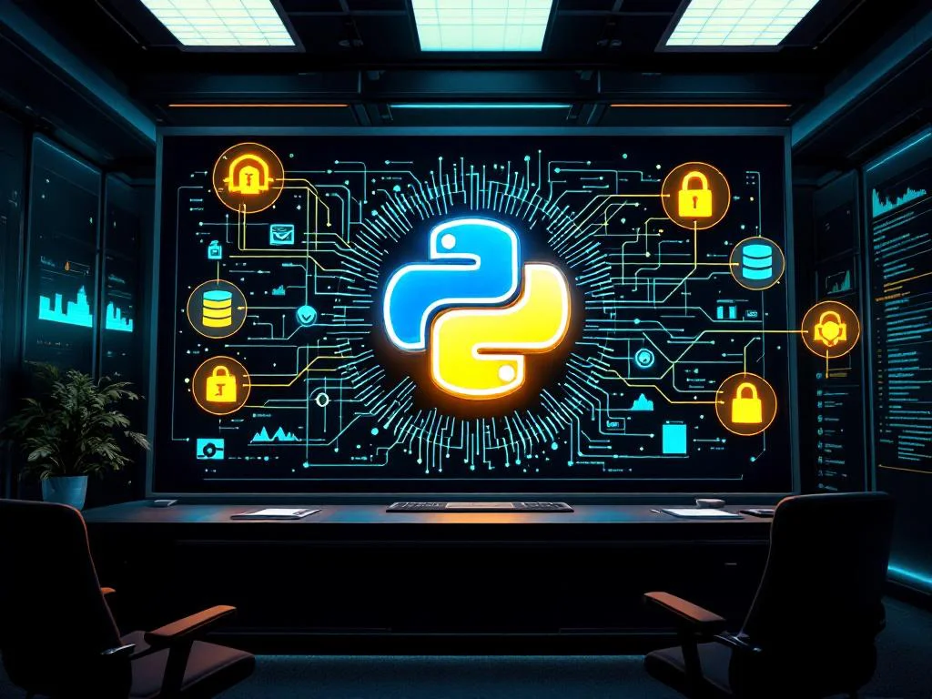 Визуализация выбора архитектуры базы данных на Python для финтех и e-commerce: центральный логотип Python с расходящимися потоками данных к различным СУБД.