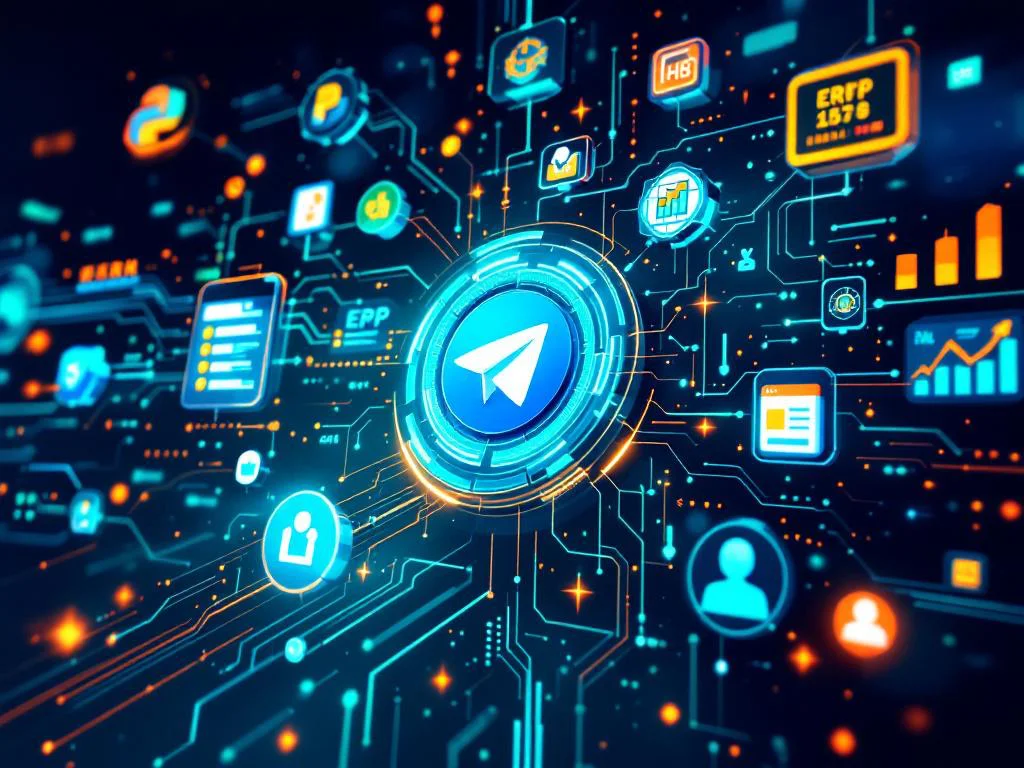 Схематичное изображение интеграции Telegram-бота с бизнес-системами ERP и CRM, символизирующее автоматизацию и обмен данными.