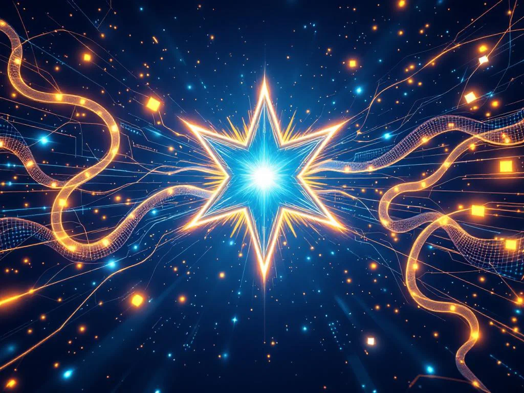 Абстрактная визуализация фреймворка Python Litestar для создания высокопроизводительных API для финтеха и ритейла. Центральный узел в виде звезды испускает потоки данных к цифровым интерфейсам, символизируя скорость и надежность корпоративной разработки.