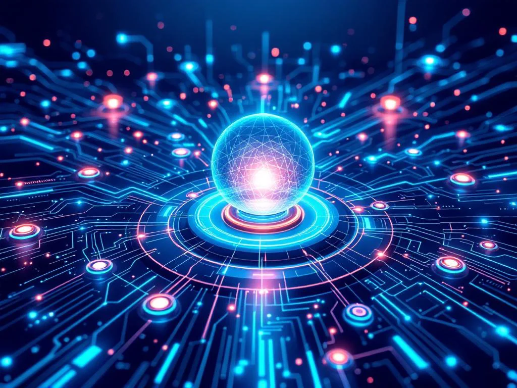 Абстрактная цифровая иллюстрация паттерна Singleton в enterprise-разработке. В центре — светящееся ядро, символизирующее единственный экземпляр класса, интегрированное в сложную схему корпоративной системы на Python.