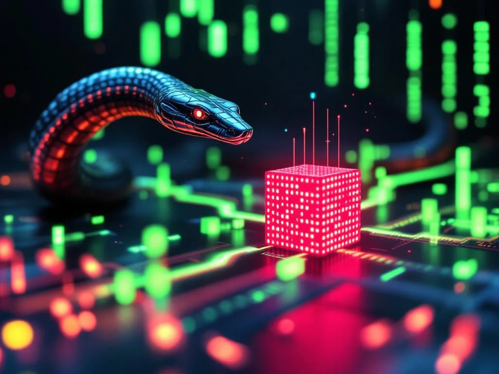 Абстрактная иллюстрация, символизирующая использование Redis и Python для высоконагруженных систем. Изображены потоки данных, которые направляются в кэш для быстрой обработки.