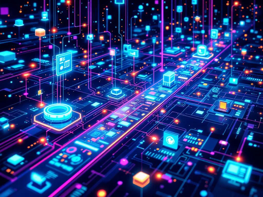 Абстрактная визуализация микросервисной архитектуры на Python: сеть взаимосвязанных светящихся цифровых модулей, символизирующих масштабируемость и эффективность для крупного бизнеса.