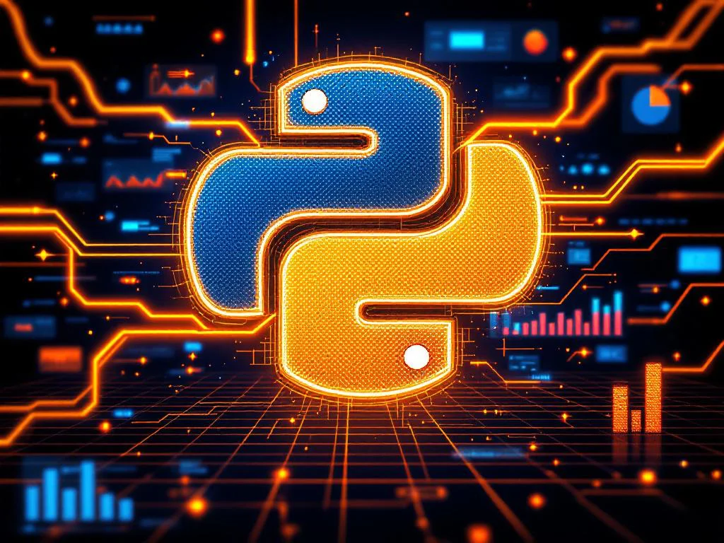 Абстрактная визуализация автоматизации бизнес-отчетности с помощью Python и Google Sheets API, показывающая поток данных от логотипа Python к стилизованной электронной таблице.