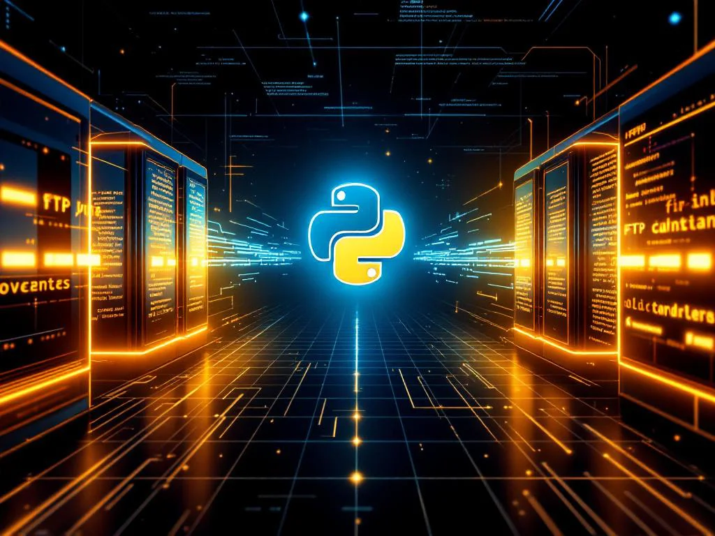 Концептуальное изображение B2B-обмена данными через FTP с помощью Python, показывающее надежную и оптимизированную интеграцию между двумя серверами.