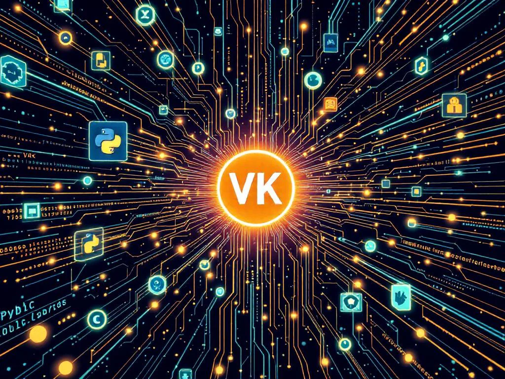 Абстрактная визуализация архитектуры enterprise-интеграции с VK API на Python, показывающая потоки данных и структуру системы.