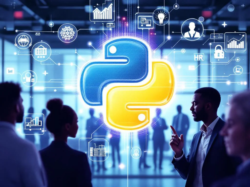 Футуристичное изображение, иллюстрирующее применение Python в enterprise: в центре светящийся логотип языка, окруженный голографическими интерфейсами с дашбордами для финтеха, ритейла и HR.