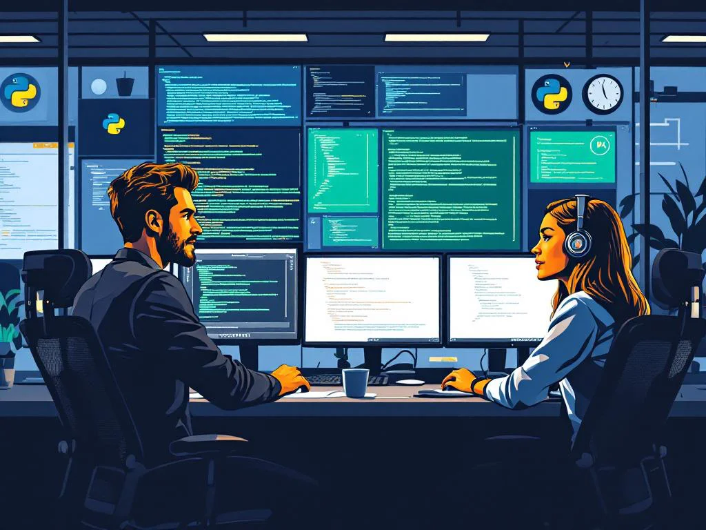 Команда Python-разработчиков в современном офисе совместно работает над кодом, иллюстрируя процесс аутстаффинга IT-специалистов.