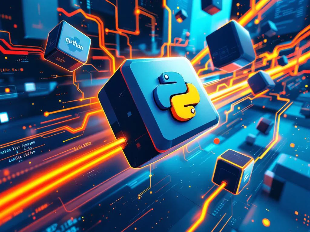 Абстрактная визуализация микросервисной архитектуры на Python с gRPC, показывающая соединенные модули и высокоскоростные потоки данных, что символизирует производительность и эффективность.