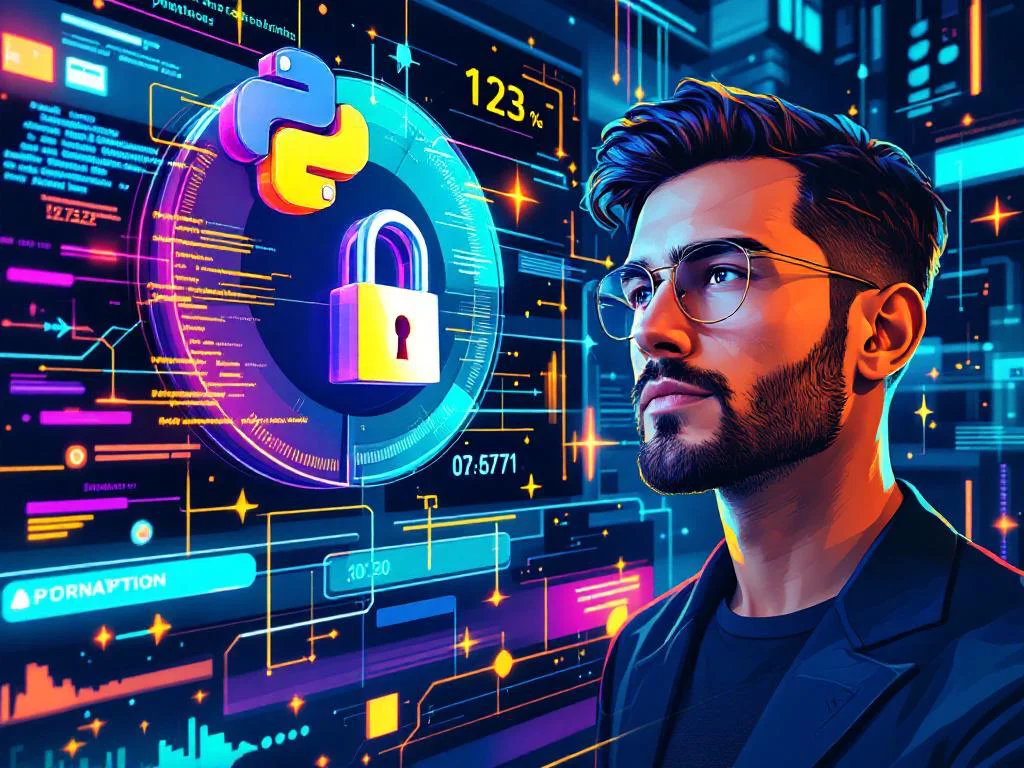 Безопасная интеграция платежной системы YooKassa с помощью Python API. Абстрактная иллюстрация с элементами кода, потоками данных и иконкой замка безопасности, символизирующая надежное финтех-решение.