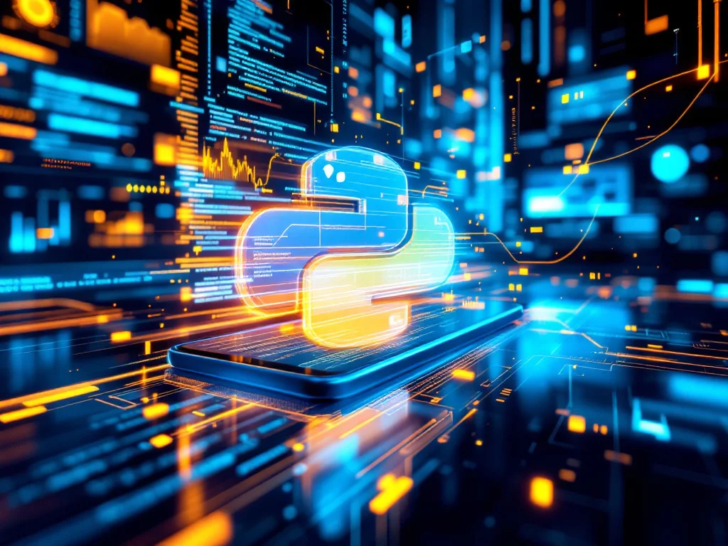 Визуализация разработки Android-приложения на Python для enterprise: абстрактные строки кода на Python сливаются с интерфейсом смартфона на фоне голографических диаграмм и бизнес-метрик.