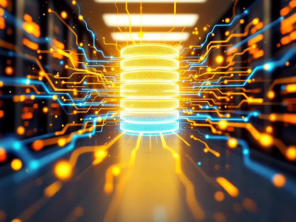 Абстрактная визуализация эффективной связки Python и Oracle Database для enterprise-решений. Потоки данных в цветах Python обтекают иконку базы данных Oracle, символизируя оптимизацию.
