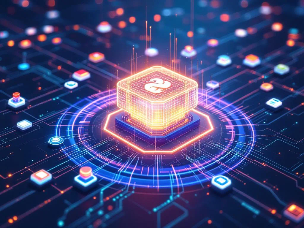 Концептуальная иллюстрация интеграции САПР КОМПАС-3D с корпоративными системами, такими как ERP и CRM, с помощью Python API. В центре — светящаяся 3D-модель, от которой потоки кода и данных ведут к иконкам бизнес-приложений.