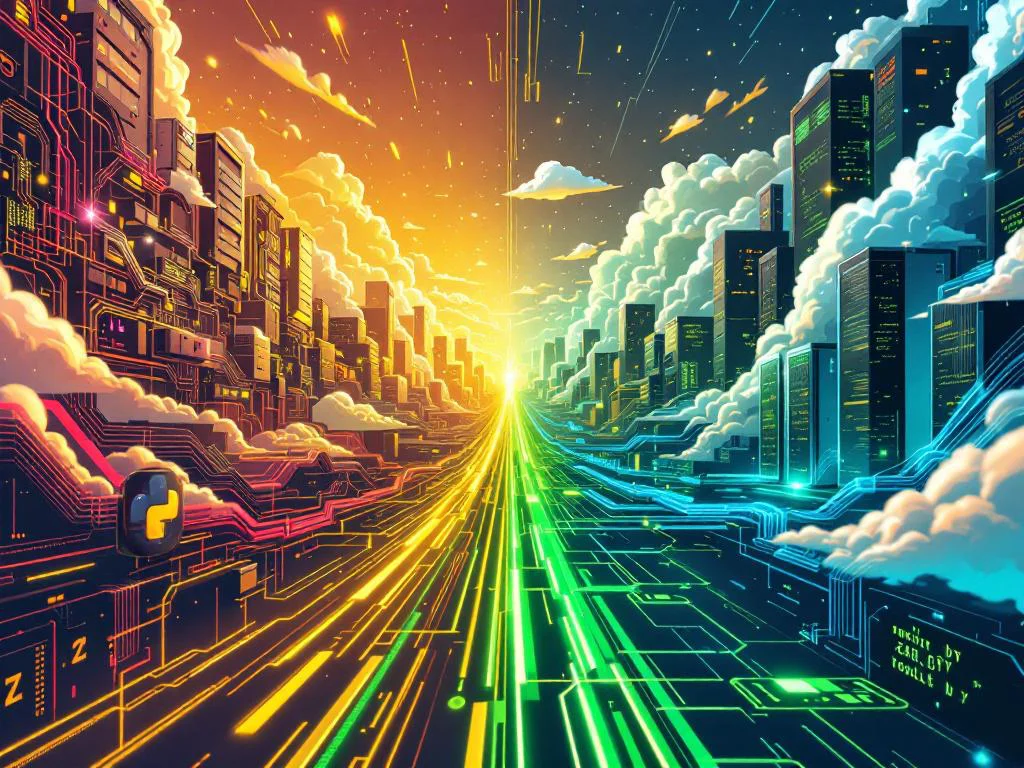Концептуальная иллюстрация интеграции устаревших legacy-систем с современной IT-инфраструктурой предприятия с помощью Zeep Python. Хаотичные старые серверы соединяются с упорядоченной облачной системой через структурированный канал передачи данных.